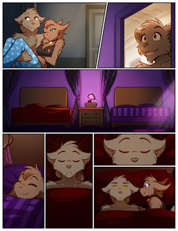 anthro anthrofied bed bedroom biped bottomwear breasts brown_body brown_fur brown_hair carrying_another chest_tuft cleavage clothed clothed_anthro clothed_female clothing collar collar_of_keidranification collar_tag duo eyes_closed female fully_clothed fully_clothed_anthro fully_clothed_female fur furniture hair heart_symbol inside lying male on_back on_bed one_eye_closed simple_background topless topwear tuft under_covers conditional_dnp tom_fischbach twokinds mrs._nibbly sythe_(twokinds) canid canine canis keidran mammal rodent sciurid tree_squirrel wolf 2025 adobe_photoshop_(artwork) comic digital_media_(artwork) hi_res