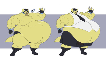 accessory anthro belly belly_slap big_belly boots bottomwear clothing collar collar_tag fingerless_gloves footwear fur gloves handwear huge_belly kilt male mask morbidly_obese morbidly_obese_anthro morbidly_obese_male musclegut muscular muscular_arms navel necktie obese obese_anthro obese_male overweight overweight_anthro overweight_male shoes slap sleeveless_shirt solo sports_mask sportswear standing tail thick_thighs thong underwear wide_hips wrestler wrestling_mask yellow_body yellow_fur reagan700 biff_(reagan700) bird_dog canid canine canis domestic_dog golden_retriever hunting_dog mammal retriever 2026 hi_res model_sheet