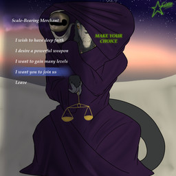 anthro balance_scale boss_fight cloak clothing dialogue front_view gameplay_mechanics male scales solo text weighing_scale cosmosarts elden_ring elden_ring_nightreign fromsoftware libra_creature_of_night bovid caprine demon goat mammal absurd_res english_text hi_res