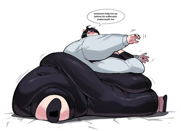 anthro belly belly_on_ground big_belly big_breasts black_hair bodily_fluids breasts cleavage clenched_teeth clothed clothing cracked_floor fat_arms fat_legs fat_rolls female hair huge_belly huge_breasts morbidly_obese morbidly_obese_anthro morbidly_obese_female motion_lines obese obese_anthro obese_female overweight overweight_anthro overweight_female solo struggling sweat sweatdrop teeth text fapolantern ms._pig_(fapo) domestic_pig mammal suid suine sus_(pig) english_text hi_res