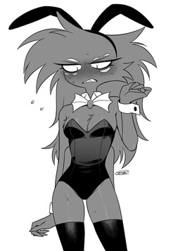 breasts bunny_costume clothing costume crossgender fake_ears fake_rabbit_ears female mtf_crossgender multi_eye simple_background solo white_background enaic31 hazbin_hotel hellaverse arackniss_(hazbin_hotel) arachnid arthropod demon humanoid spider absurd_res hi_res monochrome