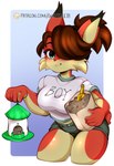 anthro bird_feeder bird_seed bottomwear clothed clothed_anthro clothed_female clothing female female_anthro fingers fur hair hair_over_eye holding_object shirt shorts solo teal_eyes text text_on_clothing topwear white_clothing white_shirt white_topwear guttybee patreon riikka gobcat absurd_res digital_media_(artwork) hi_res portrait three-quarter_portrait url