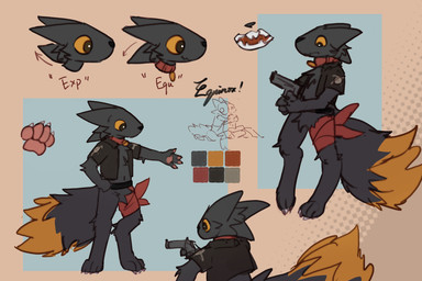 4_fingers 4_toes aiming_weapon anthro arm_tuft astrological_symbol astronomical_symbol bad_trigger_discipline bell bell_collar belt big_ears big_tail biped black_body black_claws black_clothing black_fur black_nose black_shirt black_tail black_topwear blue_background brown_background cheek_tuft chest_tuft claws close-up clothed clothing clothing_around_one_leg collar collared_shirt color_swatch digitigrade dipstick_tail directional_arrow disembodied_foot disembodied_head elbow_tuft exclamation_point facial_tuft fangs feet finger_claws fingers fluffy fluffy_chest fluffy_fur fluffy_tail fur gold_bell gun handgun handpaw head_tuft hindpaw holding_gun holding_object holding_ranged_weapon holding_weapon hug knee_tuft leg_tuft looking_down male markings open_clothing open_mouth open_shirt open_topwear orange_tail_tip pantsless pattern_background pawpads paws pink_pawpads planet_symbol pose raised_leg ranged_weapon rear_view red_collar red_scarf red_tongue revolver rounded_snout scarf shirt side_view simple_background snout solo spikes spikes_(anatomy) standing stretching_arms symbol tail tail_markings tail_tuft teeth text toe_claws toes tongue topwear tuft utility_belt weapon white_claws worried saturnsamo casualties:_unknown equinox_(saturnsamo) canid canine expie_(gunsawian) fox gunsawian hybrid mammal murid murine rat rodent 2026 3:2 absurd_res character_name colored digital_drawing_(artwork) digital_media_(artwork) hi_res model_sheet
