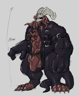 belt belt_buckle bone buckle clothing genitals hollow_body humanoid_genitalia humanoid_penis latex male meta overweight penis skinsuit skull skull_head solo tentacles tight_clothing unusual_anatomy demonrat demon monster absurd_res hi_res