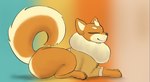 bottomless clothed clothing curled_tail eyes_closed facial_tuft female feral neck_tuft simple_background sitting smile solo tail tuft swoomy pride_(changing_fates) canid canine canis domestic_dog mammal shiba_inu spitz