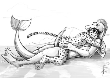 anthro anthro_on_anthro balls barely_visible_balls barely_visible_genitalia butt duo eyes_closed facial_spots fur genitals lying male male/male markings mouth_closed nude on_back on_top outside partially_submerged pawpads penis side_view spots spotted_arms spotted_body spotted_face spotted_fur spotted_legs spotted_markings spotted_tail tail tail_markings tapering_penis hufnaar aquatic cetacean cheetah dolphin felid feline mammal toothed_whale 2019 absurd_res dated hi_res monochrome