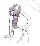 anthro balls butt clothed clothing collar crossdressing femboy genitals looking_at_viewer looking_back male one-piece_swimsuit seductive smile solo sport_swimsuit swimwear suelix mercy_(suelix) felid mammal absurd_res digital_drawing_(artwork) digital_media_(artwork) hi_res monochrome