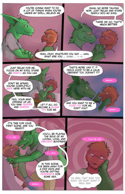 4_fingers abstract_background age_difference anthro anthro_on_anthro biped blush boop border bottle bottomwear clothed clothing container dialogue dominant dominant_male duo fingers fur furniture green_body green_clothing green_fur green_shirt green_topwear grey_clothing grey_shirt grey_topwear hand_on_chin hand_on_head hypnosis khaki_bottomwear khaki_clothing khaki_pants male male/male male_anthro mind_control older_anthro older_male open_mouth pants pink_background profanity red_body red_fur shirt simple_background sitting speech_bubble spiral spiral_background spiral_eyes standing submissive submissive_male table tail text thought_bubble topwear white_border younger_anthro younger_male sarovak third-party_edit furred_lizard furred_scalie lizard reptile scalie 2016 comic digital_media_(artwork) english_text hi_res story story_in_description