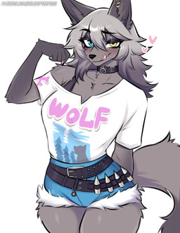 anthro blush blush_lines bottomwear chest_tuft clothed clothed_female clothing collar daisy_dukes denim denim_bottomwear denim_clothing denim_shorts ear_piercing ear_ring eyelashes eyeshadow female fluffy fluffy_tail fully_clothed fully_clothed_female fur glistening_eyelids grey_body grey_fur grey_hair hair heart_symbol heterochromia hotpants licking licking_lips long_eyelashes makeup mascara piercing ring_piercing shirt shorts smile solo t-shirt tail tongue tongue_out topwear tuft kuru_tyan epic_games fortnite wolfie_(fortnite) canid canine canis mammal wolf hi_res
