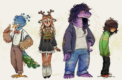 adolescent anthro antlers barefoot beak blonde_hair blue_body blue_feathers blush blush_lines bottomwear bow_tie breasts brown_body brown_hair buckteeth claws clothing cloven_hooves denim denim_bottomwear denim_clothing eyeless eyewear fangs feathers feet female footwear glasses group hair hooves horn jeans legwear male non-mammal_breasts pants purple_body purple_hair shoes simple_background skirt tail teeth yellow_body yellow_sclera yellow_skin young lutraviolet deltarune undertale_(series) berdly kris_(deltarune) noelle_holiday susie_(deltarune) avian bird cervine deer galliform human leopard_seal mammal marine peafowl phasianid pinniped seal 2025 hi_res signature