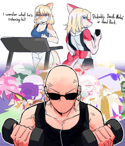 abstract_background anthro athletic athletic_anthro athletic_female bald blonde_hair blue_bra blue_clothing blue_eyes blue_underwear bottomwear bra breasts clothing crop_top cross-popping_vein dialogue earbuds electronics exercise eyewear female fingers green_eyes group hair headphones humanoid_hands long_hair looking_at_viewer looking_back male medium_breasts medium_hair muscular muscular_human muscular_male narrowed_eyebrows non-mammal_breasts orange_body pants pink_body shirt side_eye spiked_tail spikes spikes_(anatomy) sports_bra sunglasses tail talking_to_another text topwear treadmill trio underwear unimpressed vein veiny_muscles weightlifting white_body white_bottomwear white_clothing white_pants workout inkyvex cavemanon_studios goodbye_volcano_high i_wani_hug_that_gator ko_op_(game_developer) iadakan inco_(iwhtg) mia_moretti naomi_(gvh) olivia_halford dinosaur hadrosaurid human mammal ornithischian ornithopod parasaurolophus prehistoric_species pterosaur reptile scalie artist_name english_text hi_res watermark sibling_(lore) sister_(lore) sisters_(lore)
