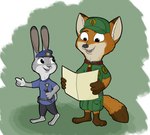 anthro boy_scout clothing costume duo female flashlight green_background hat headgear headwear male map police police_uniform scarf simple_background uniform young anothercolouranon disney zootopia judy_hopps nick_wilde tt canid canine fox lagomorph leporid mammal rabbit red_fox true_fox hi_res