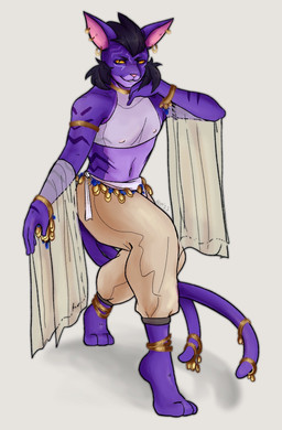 2_tails 4_toes anthro arms_bent bent_legs black_hair bottomwear bracelet clothed clothing collar crop_top dancing ear_piercing feet fingers fur fur_markings gold_(metal) gold_jewelry hair hand_on_face harem harem_jewelry harem_outfit jewelry leg_bracelet looking_at_viewer male markings multi_tail navel nipples open_mouth pants paws piercing pink_nose purple_body purple_fur ring_piercing shadow shirt simple_background sleeveless_shirt smile smirk solo tail teeth toes topwear translucent translucent_clothing translucent_shirt translucent_topwear yellow_eyes yellow_sclera nimzag cyril_(bacon3600) domestic_cat felid feline felis mammal digital_media_(artwork) hi_res watermark
