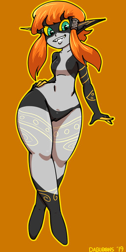 black_body bottom_heavy breasts featureless_breasts featureless_feet feet female front_view genitals green_eyes grey_body hair humanoid_pointy_ears looking_at_viewer markings not_furry nude orange_background orange_hair pointy_ears simple_background small_breasts smile solo thick_thighs vulva wide_hips yellow_markings yellow_sclera dabloons nintendo splatoon the_legend_of_zelda aquatic cephalopod humanoid hybrid imp inkling mollusk twili 2019 hi_res