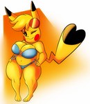 anthro anthrofied big_breasts bikini blonde_hair blue_bikini_bottom blue_bikini_top breasts cleavage cleft_tail clothed clothing cosplay_pikachu_(costume) dipstick_ears dipstick_tail ear_markings eyewear eyewear_on_head female hair hand_on_hip heart_tail looking_at_viewer markings multicolored_ears multicolored_tail o-ring o-ring_bikini o-ring_bikini_bottom o-ring_bikini_top o-ring_swimwear one_eye_closed pokemorph solo sunglasses sunglasses_on_head swimwear tail tail_markings two-piece_swimsuit wide_hips wink yellow_body solratic nintendo pokemon cosplay_pikachu_(character) kanna_(joaoppereiraus) pikachu_libre generation_1_pokemon pikachu pokemon_(species) hi_res