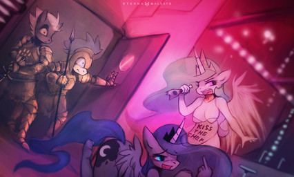 amber_eyes anthro anthrofied apron armor blue_eyes blue_hair blush bottle breasts cleavage clothed clothing container crown cutie_mark drunk dutch_angle feathered_wings feathers female galea gesture group hair hand_gesture headgear helmet horn jewelry male melee_weapon middle_finger multicolored_hair necklace nude open_mouth polearm purple_eyes spear substance_intoxication sword text weapon white_hair wings foxinshadow friendship_is_magic hasbro my_little_pony mythology princess_celestia_(mlp) princess_luna_(mlp) royal_guard_(mlp) equid equine mammal mythological_creature mythological_equine winged_unicorn 2014 digital_media_(artwork) english_text shaded