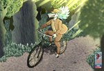 anthro beard bicycle blue_body blue_fur clothing eyes_closed facial_hair forest formal_wear fur grass happy hat headgear headwear leaf light light_beam male metal nature nature_background plant riding road shirt smile solo suit sunbeam sunlight teeth_showing topwear tree vehicle white_body white_fur ajicitoart sergal hi_res