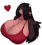 anthro big_breasts breasts cleavage clothed clothing ear_piercing ear_ring female hair hair_over_eye heart_symbol huge_breasts one_eye_obstructed piercing ring_piercing simple_background solo white_background jwinkz summer_(jwinkz) bovid bovine cattle mammal absurd_res hi_res