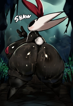 2_horns 5_fingers big_butt biped black_body black_eyes bodily_fluids butt detailed_background empty_eyes fake_ears fake_rabbit_ears female fingers gesture hand_gesture horn huge_butt outside rear_view solo sweat sweaty_butt text v_sign white_text genvoke hollow_knight_(franchise) team_cherry hornet_(hollow_knight) arthropod 2026 english_text hi_res
