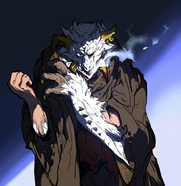 ambiguous_gender blue_background bodily_fluids body_part_growth brown_clothing brown_robe claw_growth claws clothed clothing finger_claws fully_clothed fur fur_growth gradient_background growth human_to_feral looking_at_viewer mid_transformation one_eye_closed robe simple_background smoke smoke_from_mouth solo species_transformation sweat torn_clothing transformation tusks white_body white_fur 88po happo_88 capcom monster_hunter mythology barioth dragon flying_wyvern furred_dragon furred_scalie human mammal mythological_creature mythological_scalie scalie shaded