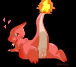 anus blue_eyes female feral fire genitals heart_symbol looking_at_viewer looking_back lying on_front pussy raised_tail simple_background solo tail abitriskay nintendo pokemon charmeleon generation_1_pokemon pokemon_(species) reptile scalie