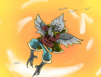 anthro biped falling gun looking_at_viewer male ranged_weapon sky solo sunset weapon wings birdman_soup avian bird 2018 digital_drawing_(artwork) digital_media_(artwork) shaded simple_shading