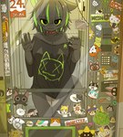 :3 against_surface anthro black_body black_fur black_hair bottomless breasts clothed clothing collar fangs female fur green_eyes grinning_at_viewer hair hand_on_glass looking_at_viewer monster_energy_logo multicolored_hair on_glass scratch_mark scratches shirt shirt_only short_hair solo stickers_on_object teeth topwear topwear_only two_tone_hair vending_machine doremifaso64 cartoon_network garfield_(series) hello_kitty_(series) level-5 monster_energy sanrio the_amazing_world_of_gumball yo-kai_watch garfield_the_cat gnarpy gumball_watterson hello_kitty_(character) pusheen domestic_cat felid feline felis mammal cel_shading digital_drawing_(artwork) digital_media_(artwork) hi_res shaded