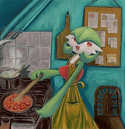ambiguous_gender appliance apron biped boil boiling_water chair chest_spike clothed clothed_ambiguous clothed_humanoid clothing cooking cooking_pot cookware corkboard cutting_board detailed_background dress food frying_pan furniture green_body green_wall inside kitchen kitchen_appliance kitchen_utensils looking_aside not_furry open_mouth open_smile oven pseudo_hair red_eyes smile solo spatula spikes spikes_(anatomy) stove tools white_body yellow_apron yellow_clothing yellow_dress gyuragyura nintendo pokemon gardevoir generation_3_pokemon humanoid pokemon_(species) 2026 painting_(artwork) shaded
