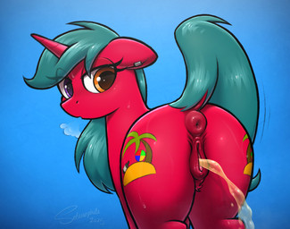animal_genitalia animal_vulva anus bodily_fluids butt cutie_mark equine_anus equine_genitalia equine_vulva eyelashes female feral genital_fluids genitals heterochromia horn looking_back peeing puffy_anus rear_view simple_background solo tail urine vulva watersports selenophile hasbro my_little_pony mythology crimson_malibu fan_character equid equine mammal mythological_creature mythological_equine unicorn 2025 absurd_res digital_media_(artwork) hi_res