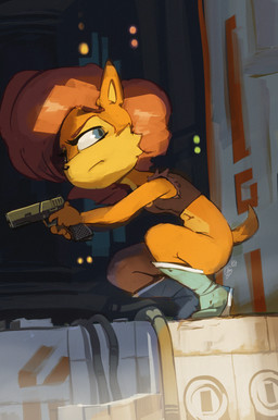 abs anthro athletic athletic_female auburn_hair blue_eyes boots bottomless bottomless_female breasts cheek_tuft clothed clothing facial_tuft female footwear frown gun hair handgun pistol pouting ranged_weapon scut_tail shirt shoes short_tail side_view small_breasts soft_abs solo tail tank_top technology topwear tuft weapon edtropolis sega sonic_the_hedgehog_(series) sally_acorn chipmunk ground_squirrel mammal rodent sciurid 2019 hi_res