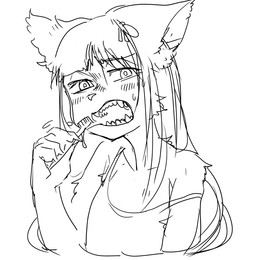 5_fingers anthro blush brush brushing brushing_teeth clothed clothing female fingers flat_chested hair kemono long_hair simple_background solo teeth toothbrush white_background idkuroi noire_kooshe domestic_cat felid feline felis mammal 2015 black_and_white monochrome sketch