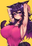 big_breasts breasts clothed clothing facial_markings female hair hand_behind_head head_markings markings pink_eyes purple_hair simple_background solo yellow_background osiimi crawling_dreams nyarla animal_humanoid cat_humanoid felid felid_humanoid feline feline_humanoid humanoid mammal mammal_humanoid 2018 half-length_portrait hi_res portrait