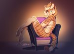 5_fingers anthro blue_eyes breasts chair claws feet female fingers fur furniture hair nude simple_background sitting smile solo striped_body striped_fur stripes toe_claws toes luxar92 pancake_(luxar92) felid feline mammal pantherine tiger 2020 digital_media_(artwork)