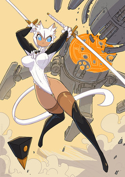 anthro bouncing_breasts breasts clothing female medium_breasts melee_weapon solo sword weapon conditional_dnp jollyjack domestic_cat felid feline felis mammal 2025
