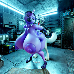 anthro areola arm_grab big_breasts bodily_fluids breasts cum duo female freckled_face freckles genital_fluids green_eyes huge_breasts hyper hyper_breasts long_tongue male male/female neon nipple_dip scuted_arms scuted_feet scutes tongue white_body z4rk0 shywearsfangs_(modeler) zoe_monroe avian bird skulldog_(species) 3d_(artwork) absurd_res digital_media_(artwork) hi_res