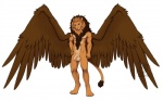 anthro balls biped blue_eyes brown_body brown_feathers feathered_wings feathers flaccid foreskin genitals hand_on_hip humanoid_genitalia humanoid_penis looking_at_viewer male mane nude penis simple_background smile solo standing tail white_background wings valderic_blackstag felid lion mammal pantherine 2012 digital_media_(artwork)