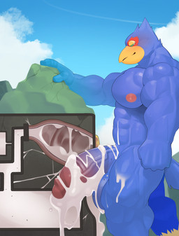 after_sex anthro areola balls beak big_muscles big_penis biped blue_body blue_feathers blush bodily_fluids body_worship cum cum_inside destruction excessive_cum excessive_genital_fluids facility feathers flooding genital_fluids genitals glans grin half-erect huge_penis humanoid_genitalia humanoid_penis internal machine macro male milking_machine muscular muscular_anthro muscular_male nipples non-mammal_balls non-mammal_nipples pecs penetrable_sex_toy penile penis penis_milking sex_toy smile solo thick_penis namutree nintendo star_fox falco_lombardi avian bird absurd_res hi_res