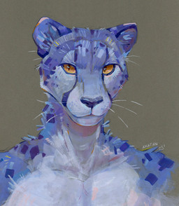 anthro blue_body blue_fur blue_nose front_view fur glistening glistening_eyes male markings mouth_closed no_sclera orange_eyes pupils simple_background slit_pupils solo spots spotted_body spotted_fur whiskers akatan_art cheetah felid feline mammal 2023 bust_portrait dated hi_res portrait signature traditional_media_(artwork)
