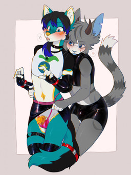 5_fingers accessory anthro arm_warmers armwear assisted_exposure belly black_choker black_hair black_jewelry black_latex black_necklace blue_body blue_eyes blue_fur blue_highlights blue_inner_ear blue_nose blue_tongue blush bodily_fluids border bottomwear boy_shorts bracelet bulge chastity_cage chastity_device choker claws clothed clothing clothing_lift crop_top dipstick_ears duo ear_markings embarrassed exclamation_point femboy/femboy finger_claws fingers fur furgonomics g-string genital_fluids glistening glistening_clothing gold_(metal) gold_chastity_cage gold_chastity_device golden_markings grey_body grey_border grey_fur grey_hair hair heart_symbol highlights_(coloring) horn inner_ear_fluff jewelry latex latex_bottomwear latex_clothing latex_crop_top latex_shirt latex_shorts latex_skirt latex_topwear leaking_precum legband legwear looking_down looking_down_at_self male male/male markings mischievous_smile multicolored_body multicolored_ears necklace paw_symbol pink_g-string precum raised_tail red_bracelet shirt shorts simple_background skirt skirt_lift star_symbol striped_markings striped_tail stripes stylized_chastity_cage surprised tail tail_accessory tail_down tail_markings tailband teasing thigh_highs thighband tongue tongue_out topwear tuft underwear wearing_chastity_cage wearing_chastity_device white_background white_belly white_body white_fur yellow_nose minteaminty avalon_(minteaminty) rin_(frayerxz_daniel) canid canine canis domestic_cat domestic_dog felid feline felis husky mammal nordic_sled_dog spitz hi_res
