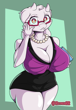 2_horns anthro big_breasts black_bottomwear black_clothing black_skirt book bottomwear breasts cleavage clothed clothed_anthro clothed_female clothing crossed_legs eyelashes eyewear female female_anthro floppy_ears front_view fur furniture gem glasses head_horn holding_object horn jewelry long_ears lop_ears makeup mature_female necklace pearl_(gem) pearl_necklace purple_bottomwear purple_clothing purple_shirt purple_topwear red_eyes shirt skirt solo surprised table teacher text topwear underwear white_body white_ears white_fur white_horn reymonrr undertale undertale_(series) toriel boss_monster_(undertale) bovid caprine goat mammal absurd_res hi_res