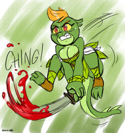 3_toes angry anthro attack battle big_breasts blood bodily_fluids breasts cleavage clothed clothing feet female footwear holding_object holding_weapon jumping melee_weapon non-mammal_breasts pupils soles solo sweat sword teeth toeless_footwear toes violence weapon joaoppereiraus tales_of_sezvilpan lira_(joaoppereiraus) lizard reptile scalie 2018 hi_res signature