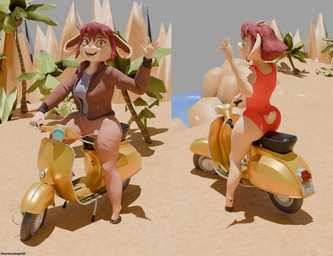 5_fingers anthro beach bomber_jacket bottomwear breasts brown_body brown_fur butt clothing female fingers fur gesture hair hooves looking_at_viewer moped one-piece_swimsuit pants red_hair sand scooter sitting smile solo swimwear vehicle waving waving_at_viewer heartlessangel3d on_your_tail vespa diana_caproni_(on_your_tail) bovid caprine goat mammal 3d_(artwork) blender_(artwork) digital_media_(artwork) hi_res