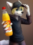 anthro beverage black_nose blonde_hair blue_eyes bottle clothed clothing container hair hat headgear headwear looking_at_viewer male norwegian simple_background soda soft_drink solo tail thanshuhai solo_(soft_drink) canid canine fox mammal 3:4 hi_res