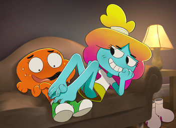 anthro barefoot bedroom_eyes bodily_fluids clothed clothing duo feet feet_on_legs female female_humanoid foot_fetish footwear furniture furniture_lamp grin humanoid_feet loli looking_at_another looking_at_foot looking_down_at_feet male male/female nails narrowed_eyes nervous nervous_smile panties panty_shot plantigrade seductive shoes smile sofa sweat sweatdrop toenails toes underwear young sock-eater cartoon_network the_amazing_world_of_gumball darwin_watterson rachel_wilson cyprinid cypriniform fish goldfish humanoid marine rainbow_lass hi_res