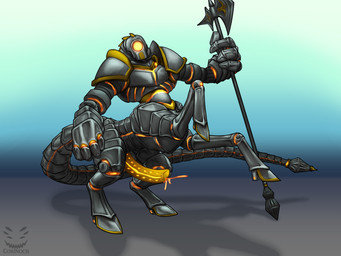 armor big_hands genitals glowing glowing_eyes glowing_genitalia glowing_markings glowing_penis glowing_precum gold_penis halberd hooves long_penis long_tail mace_tail machine male markings melee_weapon metallic_body on_hind_legs penis polearm solo tail weapon weapon_tail corinoch_(artist) dungeons_and_dragons hasbro wizards_of_the_coast cyclops iron_golem living_machine robot robot_taur taur 4:3 hi_res