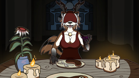 alcohol anthro antlers beef beverage big_breasts breasts candle candlelight castle claws cleavage clothed clothing container cup dark_room date drinking_glass female flower food furniture glass glass_container glass_cup gold_(metal) gold_jewelry gold_necklace grey_hair hair horn jewelry kitchen_utensils light looking_at_viewer meat necklace one-piece_dress plant plant_pot potted_plant red_clothing sharp_teeth shawl sitting_at_table smile smiling_at_viewer solo stained_glass steak table tail tail_motion tailwag teeth toasting tools white_body wine wine_glass mrtea bloodborne fromsoftware sony_corporation sony_interactive_entertainment vicar_amelia canid canine canis mammal wolf 16:9 hi_res widescreen