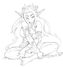 armwear barefoot big_breasts breasts clothed clothed_female clothed_humanoid clothing elbow_gloves feet female gloves hair handwear humanoid_pointy_ears long_hair looking_at_viewer not_furry pointy_ears solo thevarking elf humanoid 2026 black_and_white hi_res line_art monochrome