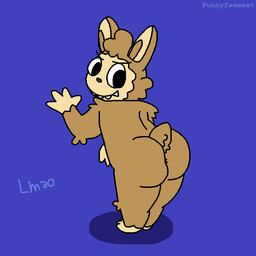 ambiguous_gender anthro anus arm_tuft big_butt blue_background brown_body brown_fur butt cheek_tuft facial_tuft fluffy fur head_tuft looking_back presenting presenting_hindquarters sharp_teeth shoulder_tuft simple_background slightly_chubby slightly_chubby_anthro solo standing teeth text tuft conditional_dnp funnyfaemeat pop_mart labubu lagomorph leporid mammal rabbit 1:1 2025 digital_drawing_(artwork) digital_media_(artwork) english_text microsoft_paint_(artwork) signature