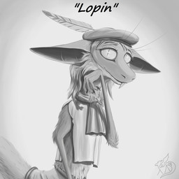 4_fingers ambiguous_anthro ambiguous_gender anthro clothed clothed_ambiguous clothed_anthro clothing fingers fully_clothed fully_clothed_ambiguous fully_clothed_anthro hat hat_feather headgear headwear loose_feather no_irises pointy_ears pupils scarf shelltooth slit_pupils solo tail text whiskers tersethra out-of-placers lopin mammal yinglet 1:1 2020 character_name digital_media_(artwork) english_description english_text half-length_portrait hi_res monochrome paint_tool_sai_(artwork) portrait signature sketch male_(lore)