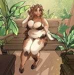 anthro belly_overhang belly_rolls bench big_breasts breasts brown_body brown_hair detailed_background female hair hooves horn navel on_bench overweight overweight_anthro overweight_female plant plant_pot potted_plant sitting sitting_on_bench slightly_chubby smile solo thick_thighs wide_hips niochem bovid bovine cattle mammal 2024 digital_media_(artwork) hi_res